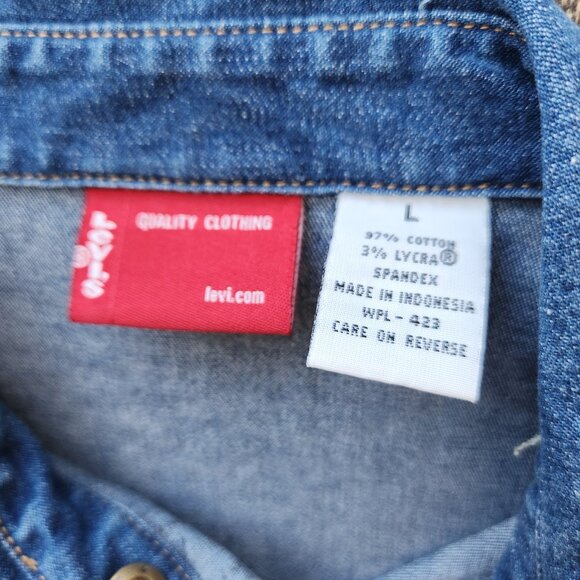 Vintage Y2K Levi's Denim Western Shirt Pearl Snap Long Sleeve Stretch Cotton - Picture 10 of 12